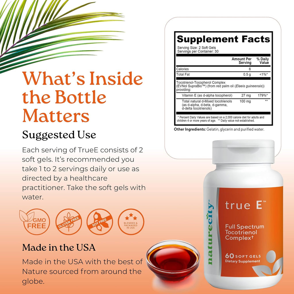 NatureCity True-E Vitamina E con Tocotrienoles y Alfa Tocoferol Natural | Complejo de Vitamina E No OGM | 60 Cápsulas Blandas