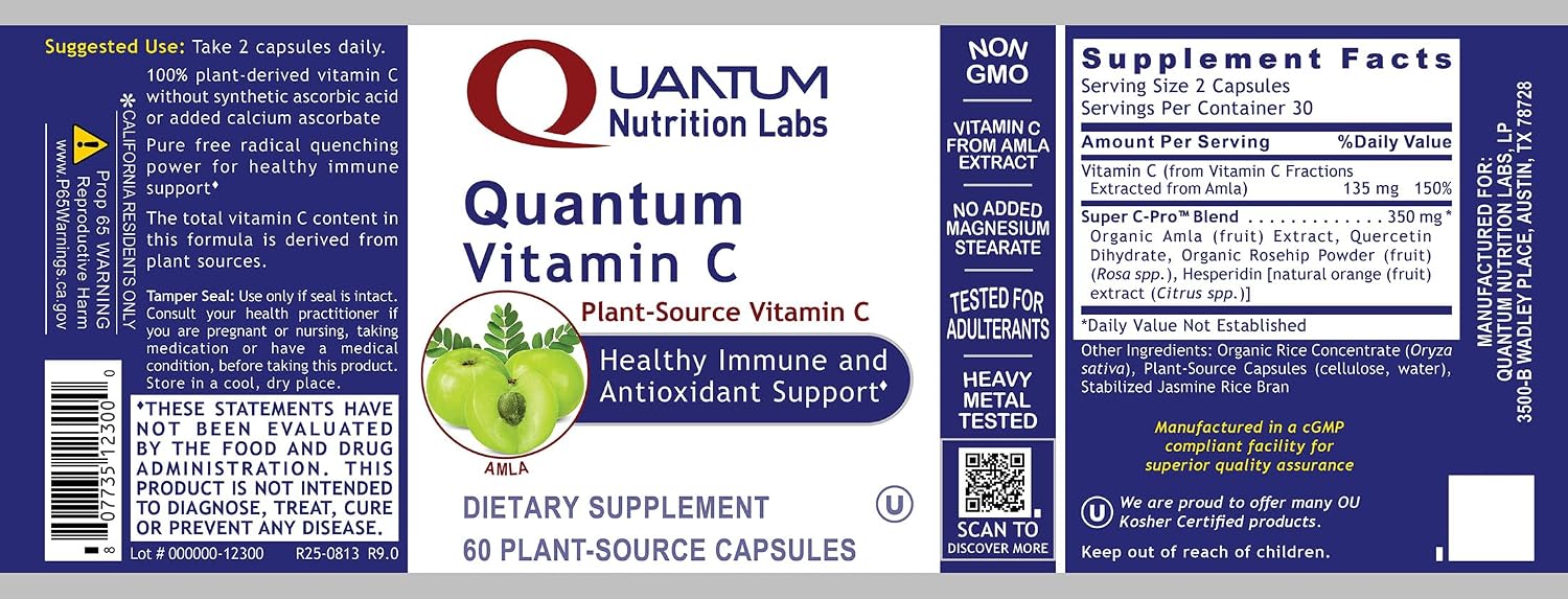 Quantum Vitamin C - Vitamina C Orgánica Natural con Bioflavonoides - 60 Cápsulas Veganas