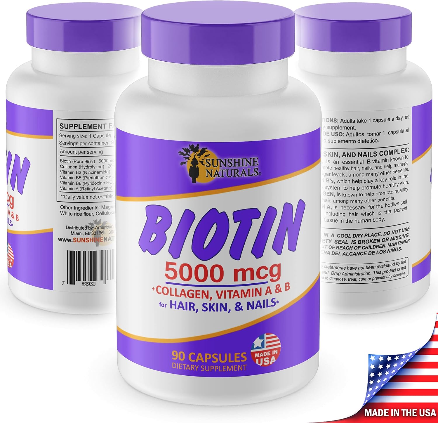 Sunshine Naturals Biotin 5000 mcg con Colágeno y Vitaminas A y B - 90 Cápsulas