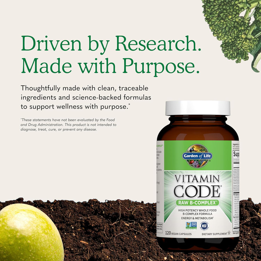 Garden of Life Complejo B, 120 Cápsulas Veganas, Alta Potencia para Energía y Metabolismo con B6, Folato y B12 como Metilcobalamina más Probióticos