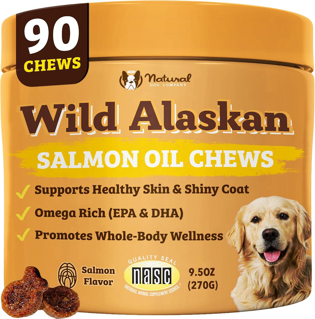 Natural Dog Company Masticables de Salmón Salvaje de Alaska para Perros - Suplemento de Omega 3 con EPA y DHA, 90 Unidades