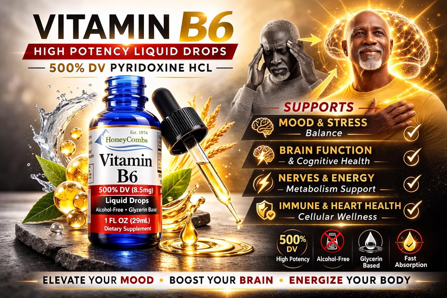 Vitamina B6 Líquida Gotas - Piridoxina HCl, 30 ml - Alta Potencia, Sin Alcohol