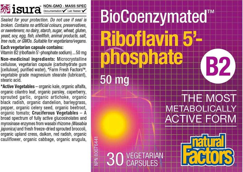 BioCoenzymated Riboflavina 5'-Fosfato 50mg, 30 Cápsulas Vegetales - Natural Factors