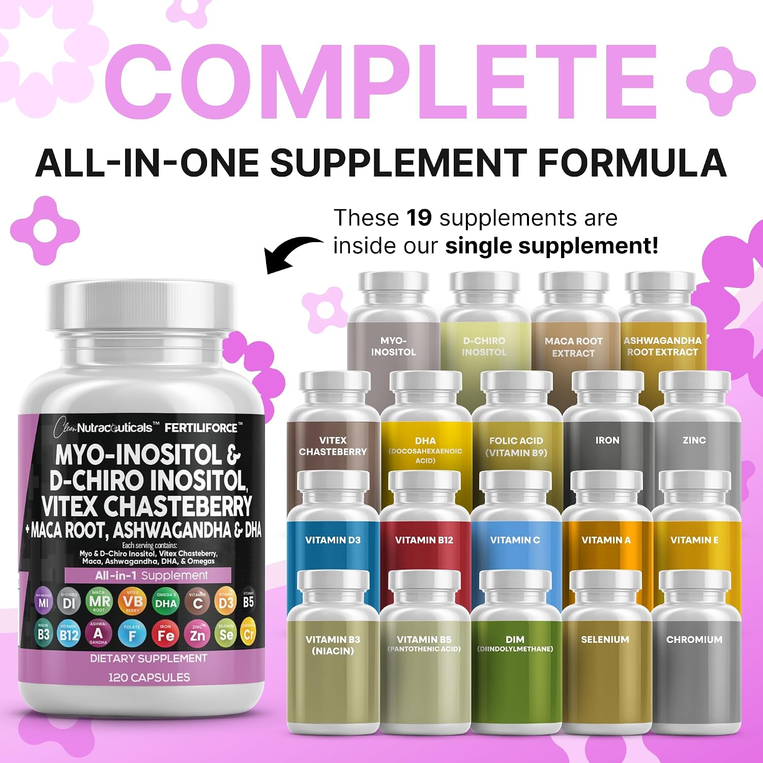 Clean Nutraceuticals Myo-Inositol & D-Chiro Inositol 2050mg - Suplemento de Fertilidad 40:1 con Ashwagandha, Maca, Vitex, DHA y Vitaminas (2 Paquetes)