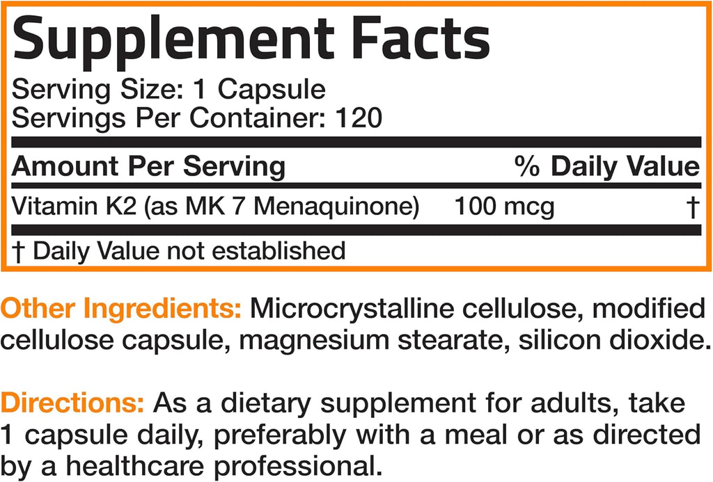 Bronson Vitamina K2 MK-7 Menaquinona 100 mcg, 120 Cápsulas - No-GMO