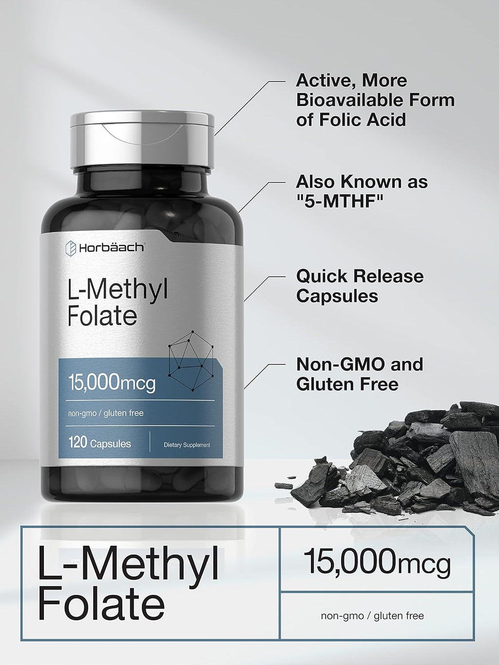 Horbäach L-Metilfolato 15000 mcg | 120 Cápsulas | 5-MTHF | No Transgénico, Sin Gluten