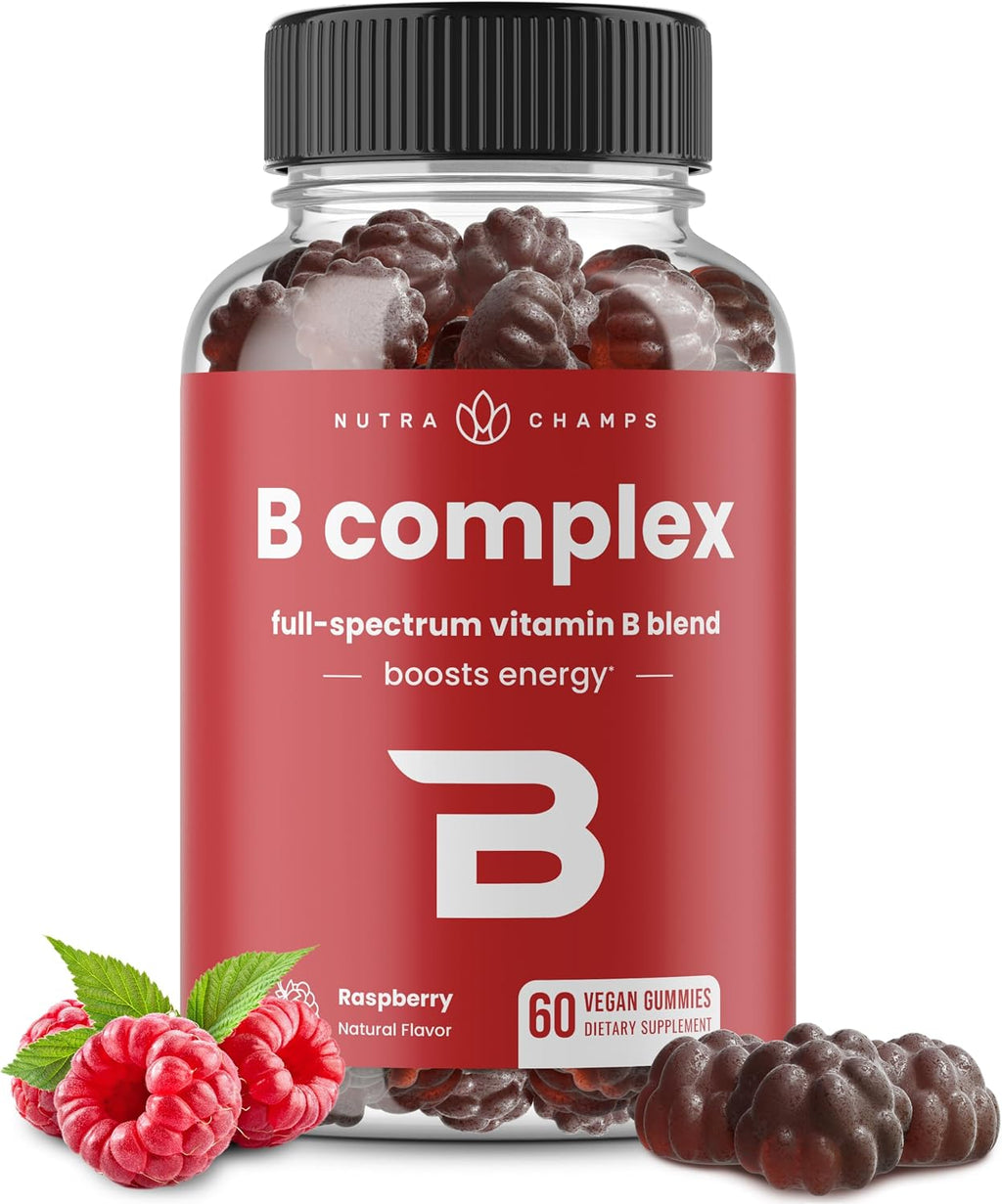 NutraChamps Complejo B en Gomitas - Vitaminas B1, B2, B3, B5, B6, B7, B9, B12 (Metilcobalamina) - Sabor Frambuesa - Vegano y Sin Gluten