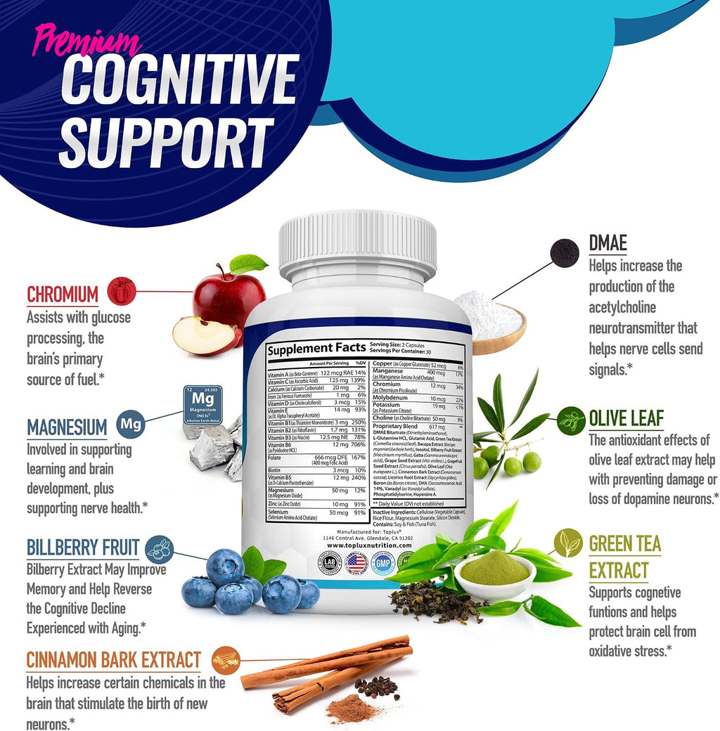 Toplux Brain Booster – Suplemento Nootrópico con DMAE, Bacopa Monnieri y L-Glutamina, 60 Cápsulas