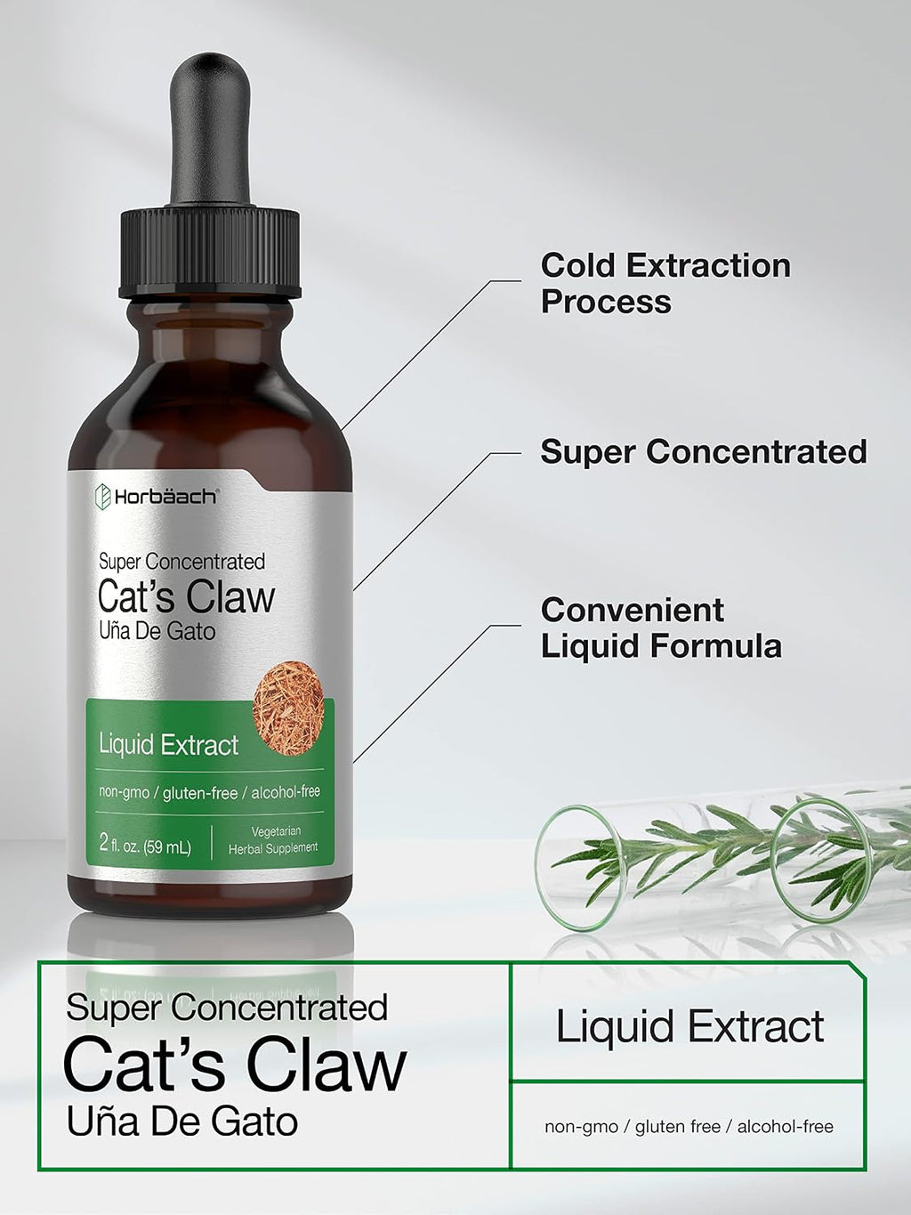 Horbäach Extracto de Uña de Gato en Gotas | 60 ml | Sin Alcohol | Vegano | No GMO