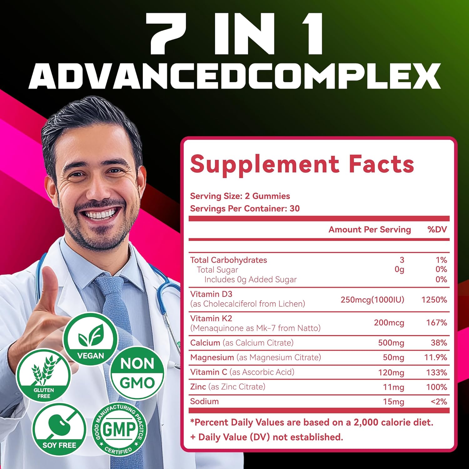 Natures Aid Gominolas Sin Azúcar de Vitamina D3 y K2 con Calcio + K2 (MK-7), Citrato de Magnesio, Vitamina C - Absorción Ósea, Muscular e Inmune - Vegano - 120 Gominolas