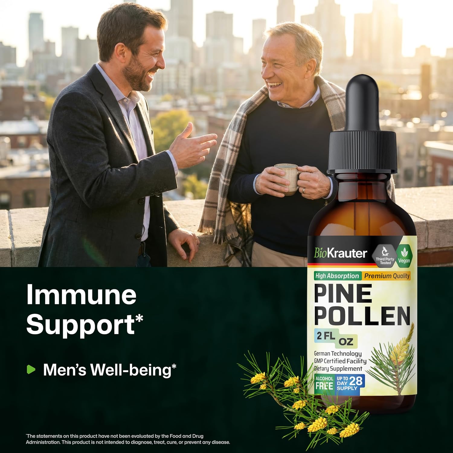 BIO KRAUTER® Polen de Pino para Hombres - Tintura Vegana Pura 685 mg por Dosis, 2 oz - Apoyo Inmunitario y Antioxidante