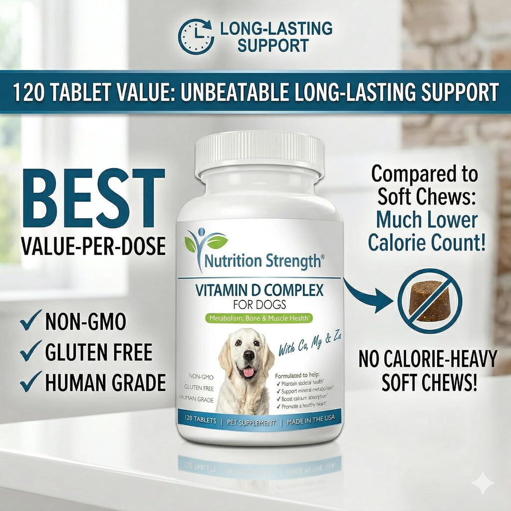 Nutrition Strength Vitamina D para Perros con Calcio, Magnesio y Zinc - 120 Comprimidos Masticables