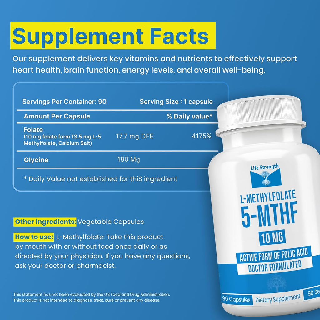 L-Metilfolato 10 mg | 90 Cápsulas | Complemento Bioactivo de 5-MTHF | LifeStrength