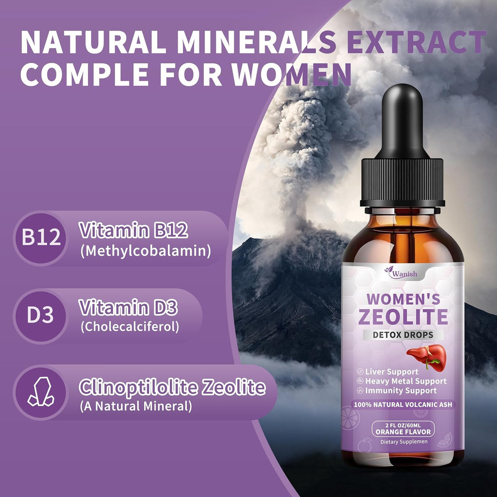 Zeolite Drops para Mujeres - 99%+ Ceniza Volcánica Natural Pura, Vegano, Sin OGM, Sin Azúcar (60 ml)