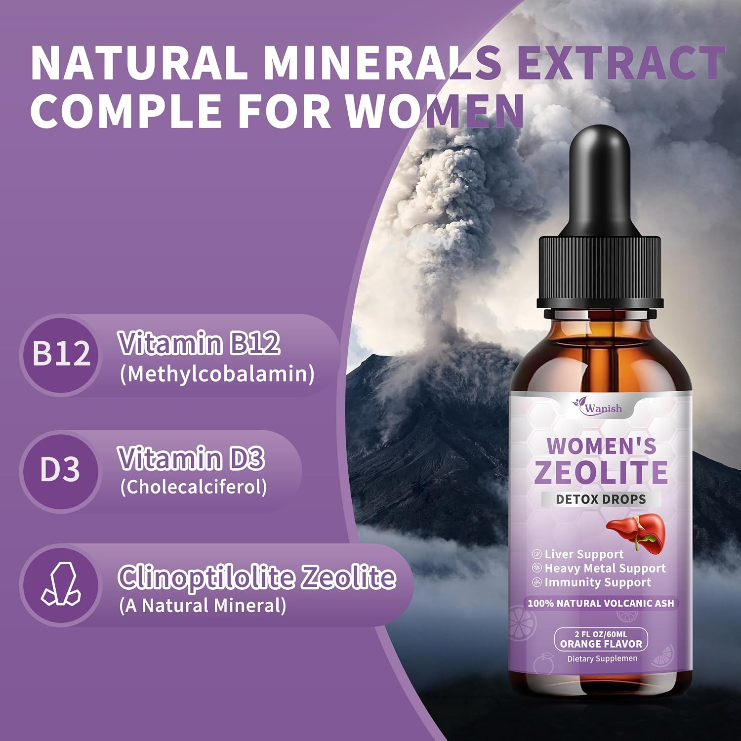 Zeolite Drops para Mujeres - 99%+ Ceniza Volcánica Natural Pura, Vegano, Sin OGM, Sin Azúcar (60 ml)