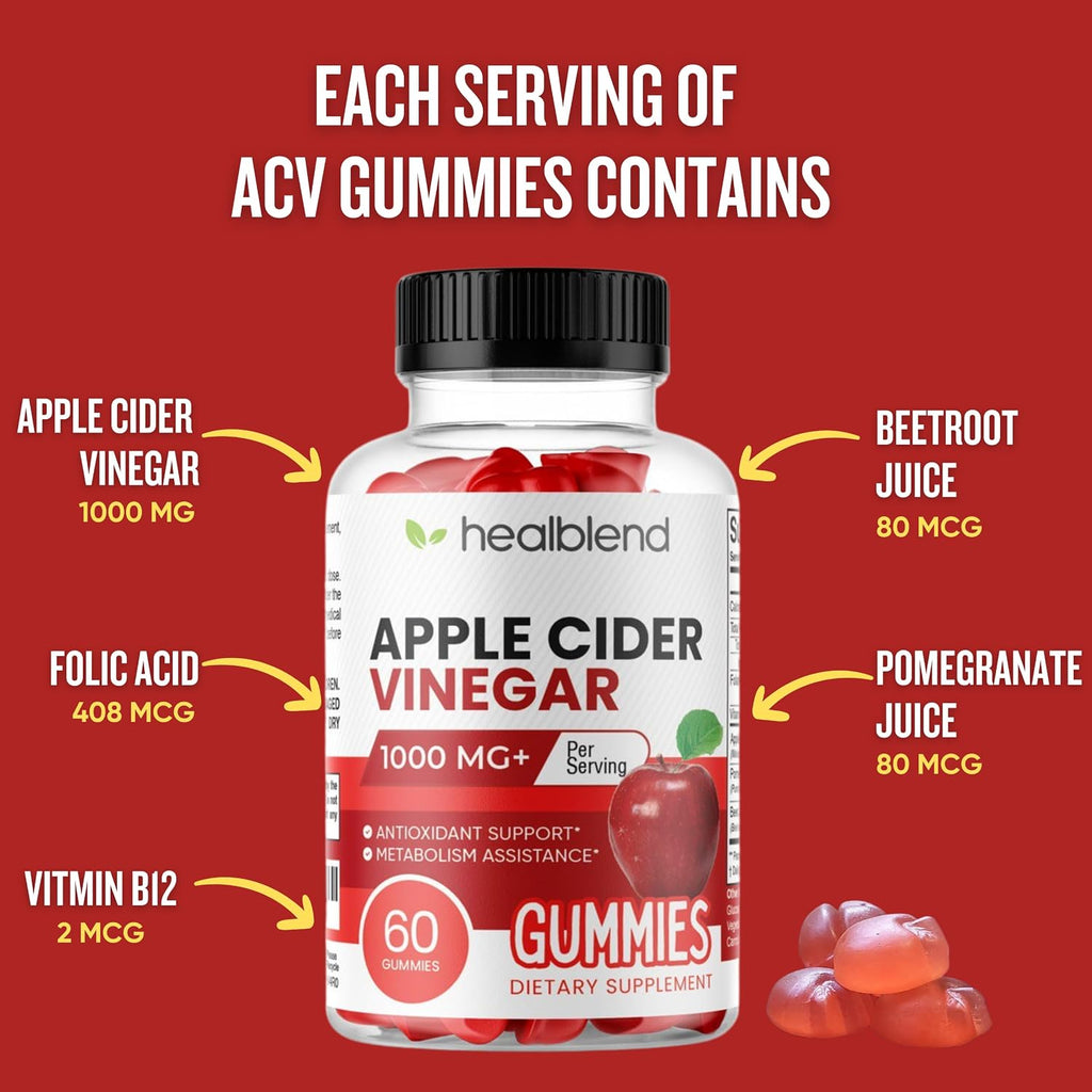 healblend Gomitas de Vinagre de Manzana con Vitamina B12, Remolacha y Granada - 120 Gomitas (2 Paquetes)