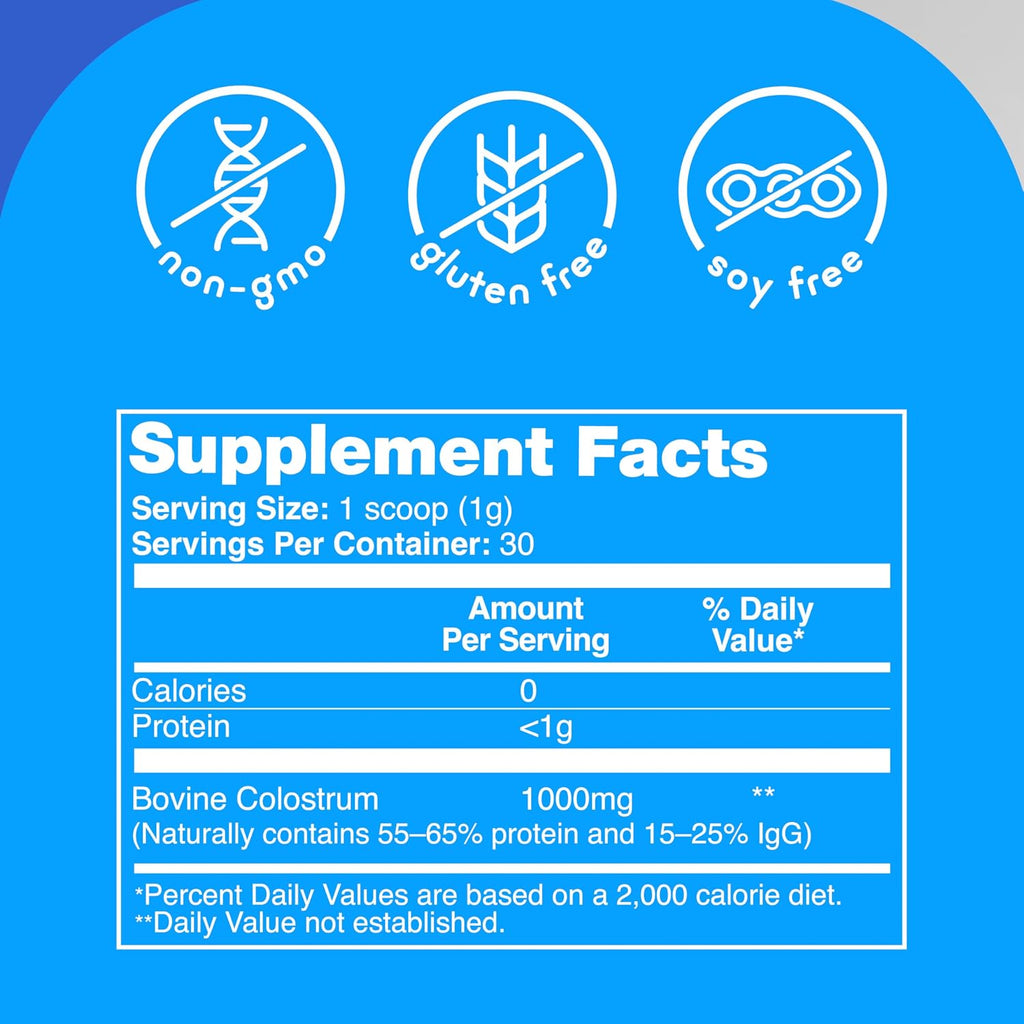 Zena Nutrition Colostro Bovino en Polvo, 1000mg, Puro, Sin Sabor, 30 Dosis