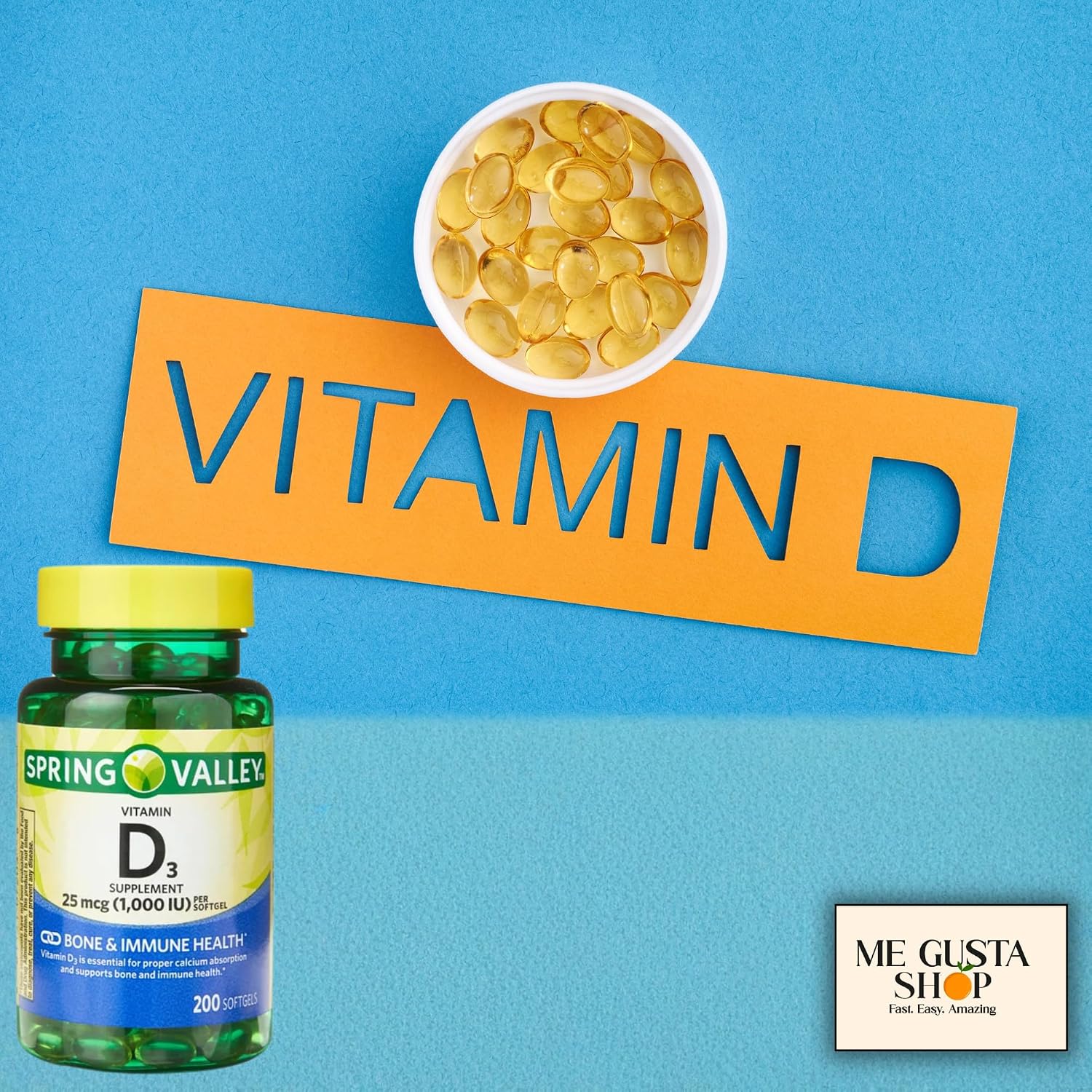 Vitamina D3 1000 UI (25 mcg) Softgels, 200 Cápsulas + Sticker Me Gusta
