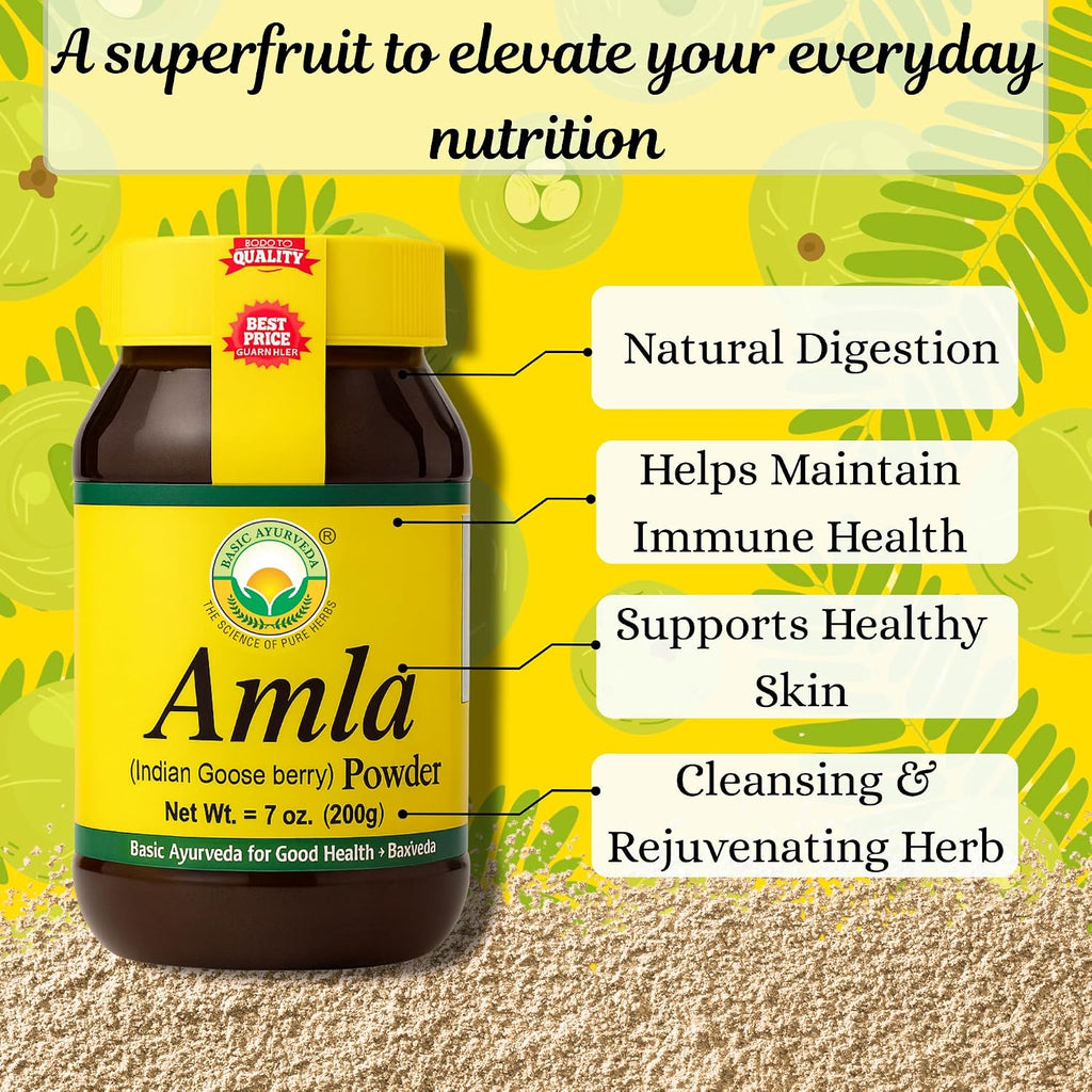 BASIC AYURVEDA Polvo de Amla - 200g (7.05 oz) - 100% Grosella India Natural y Pura