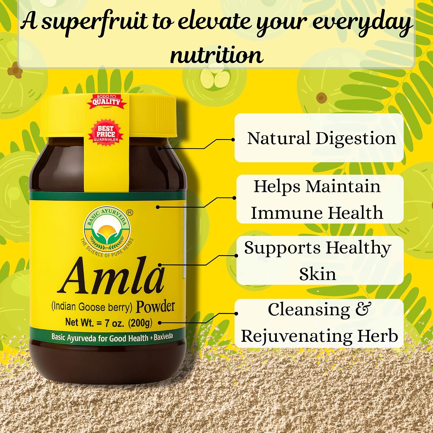 BASIC AYURVEDA Polvo de Amla - 200g (7.05 oz) - 100% Grosella India Natural y Pura