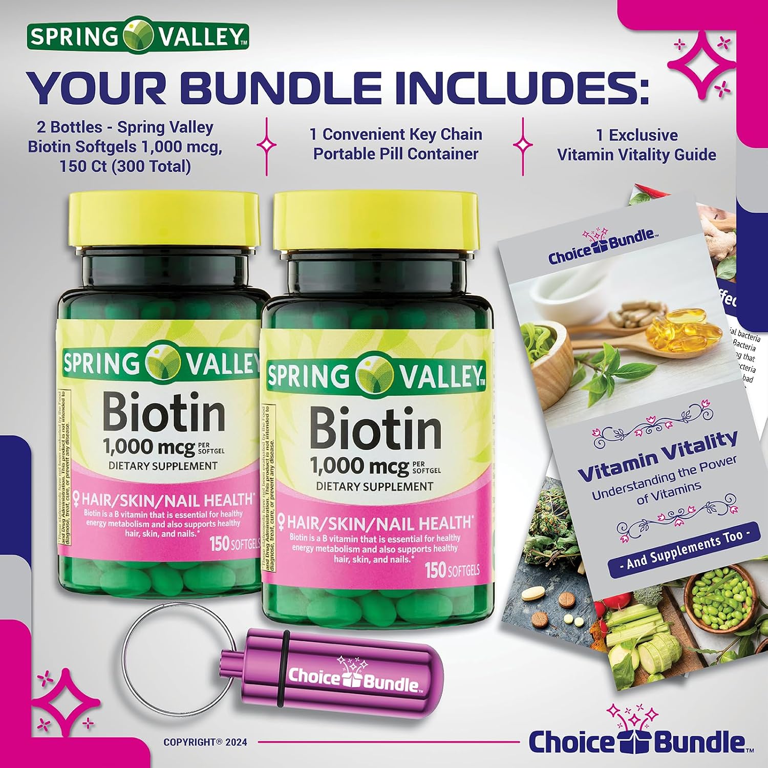 Choice Bundle Biotina en Cápsulas Blandas 1000mcg – Pack de 2 (300 Cápsulas) + Guía y Pastillero