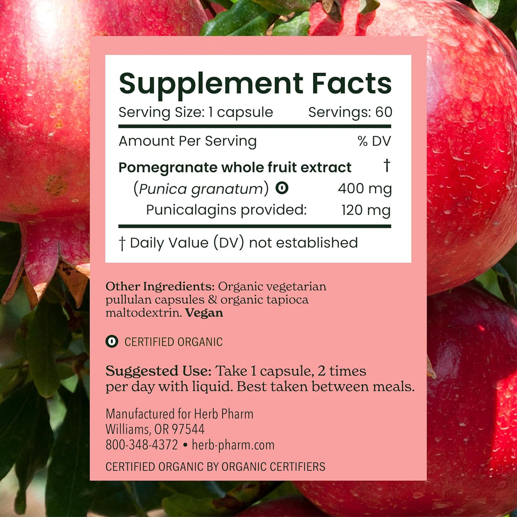 Herb Pharm Cápsulas de Granada Ecológica - Apoyo Cardiovascular y Antioxidante - 60 Cápsulas Veganas