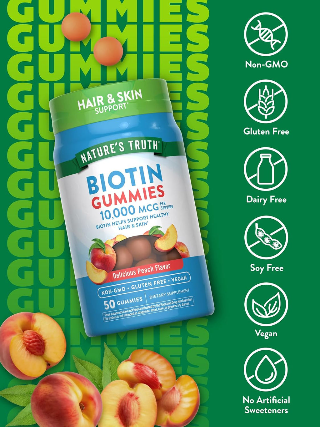 Nature's Truth Gominolas de Biotina 10000mcg | 50 Unidades | Vegano, Sin Gluten, Sabor Melocotón