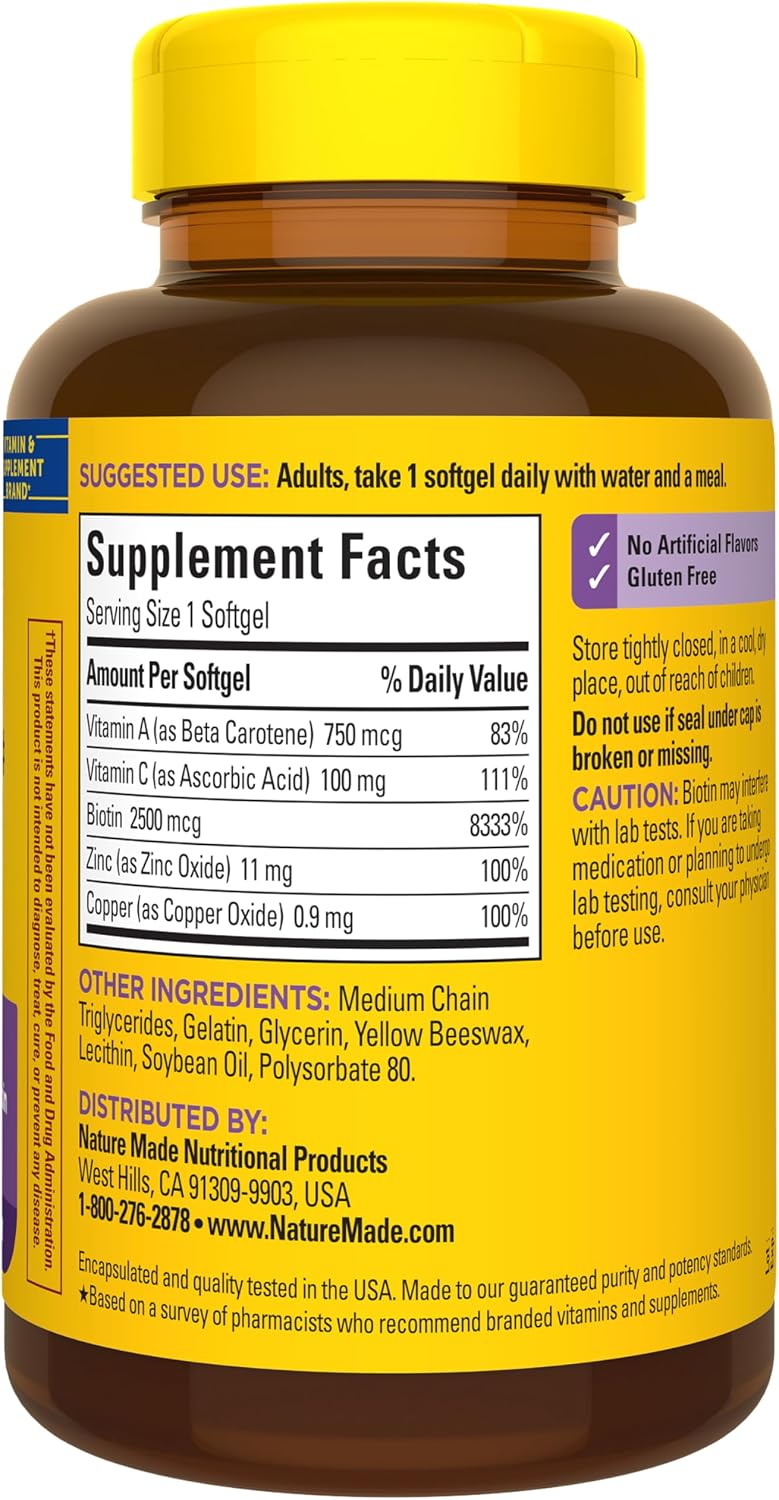 Nature Made Biotin 2500 mcg for Hair, Skin & Nails - 120 Softgels