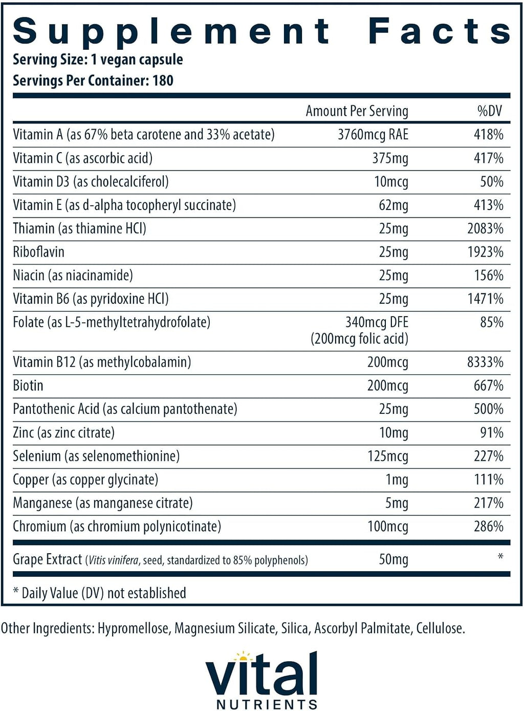 Vital Nutrients Minimal y Essential Multivitamínico - Multivitamina vegetariana de una sola toma diaria con minerales y antioxidantes - Sin hierro - Sin gluten, lácteos, soja - Sin OGM - 180 cápsulas