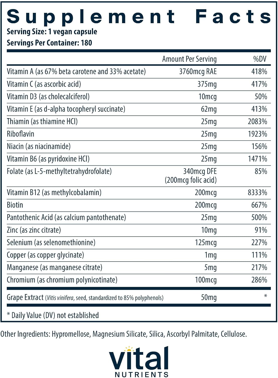 Vital Nutrients Minimal y Essential Multivitamínico - Multivitamina vegetariana de una sola toma diaria con minerales y antioxidantes - Sin hierro - Sin gluten, lácteos, soja - Sin OGM - 180 cápsulas