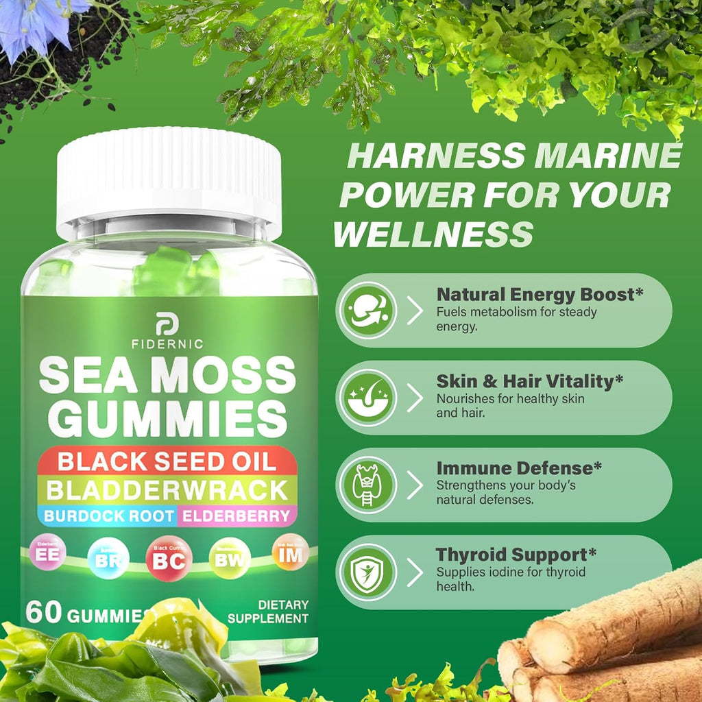 Gominolas de Musgo Marino – Musgo Marino Irlandés con Saúco y Aceite de Semilla Negra – 60 Gominolas Veganas Sabor Manzana Verde