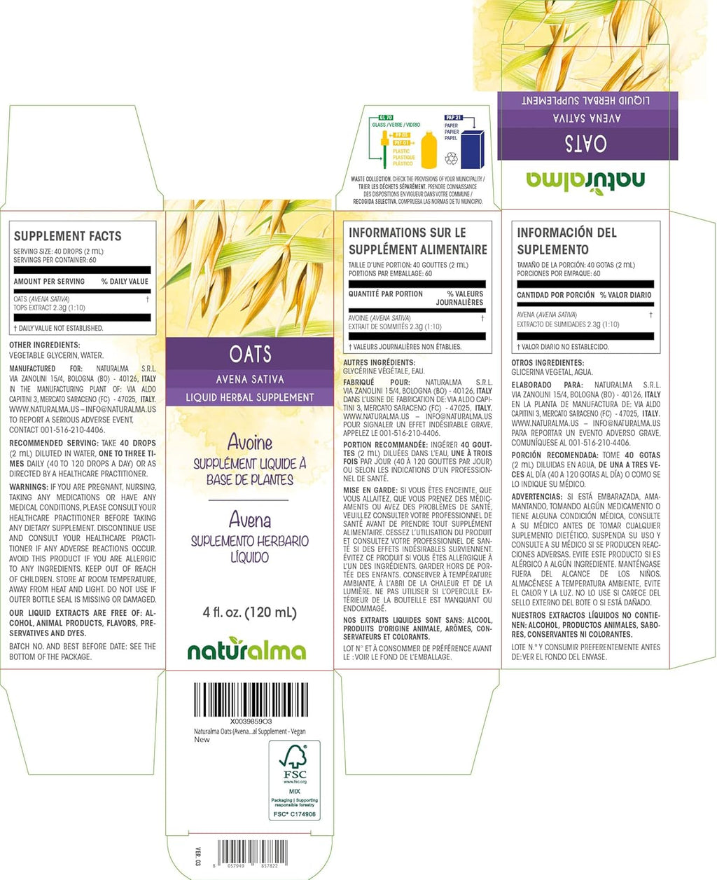 Naturalma Avena sativa (Avena) Tintura sin alcohol - 118 ml Extracto líquido en gotas - Complemento herbal - Vegano