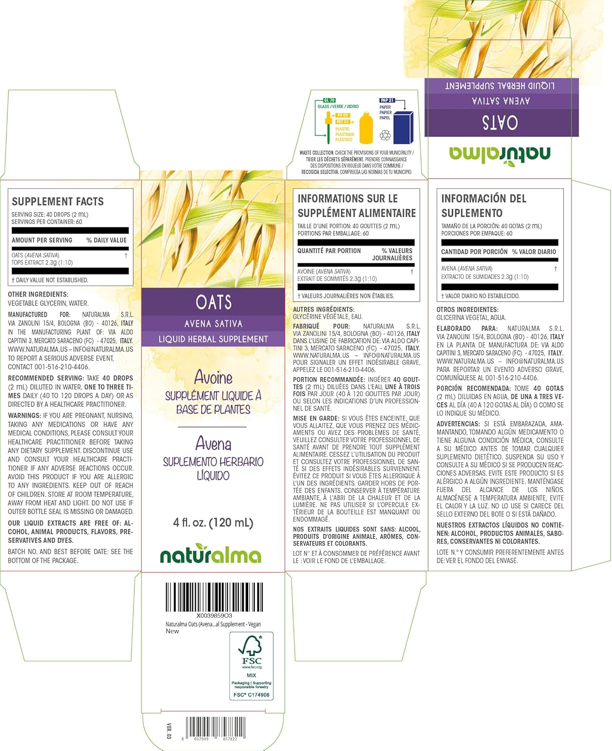 Naturalma Avena sativa (Avena) Tintura sin alcohol - 118 ml Extracto líquido en gotas - Complemento herbal - Vegano