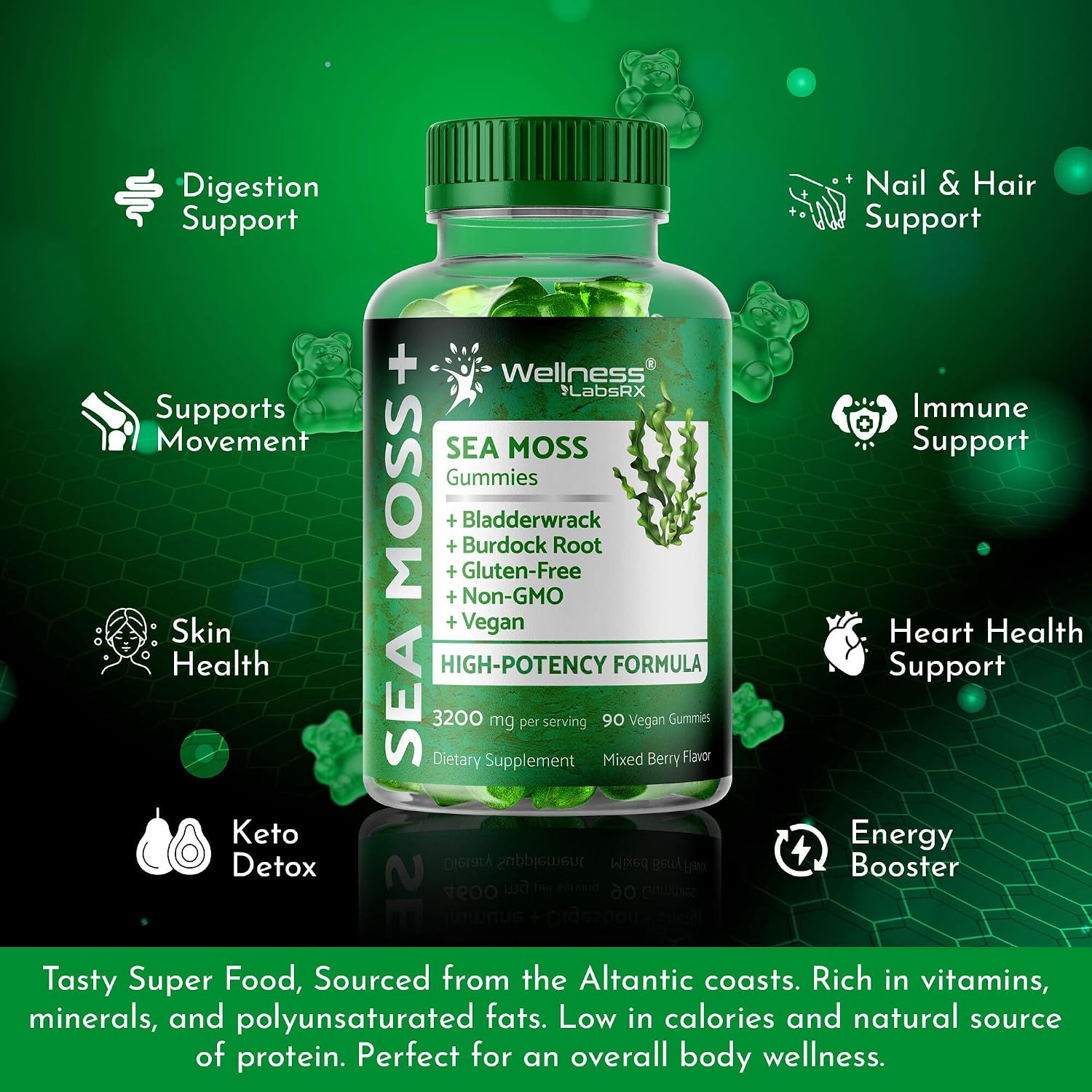 WELLNESS LABSRX Gominolas de Musgo Marino, 3200mg Irish Sea Moss Sabor a Baya Mixta con Bladderwrack y Raíz de Bardana - Apoyo para la Piel, Energía e Inmunidad - 90 Unidades