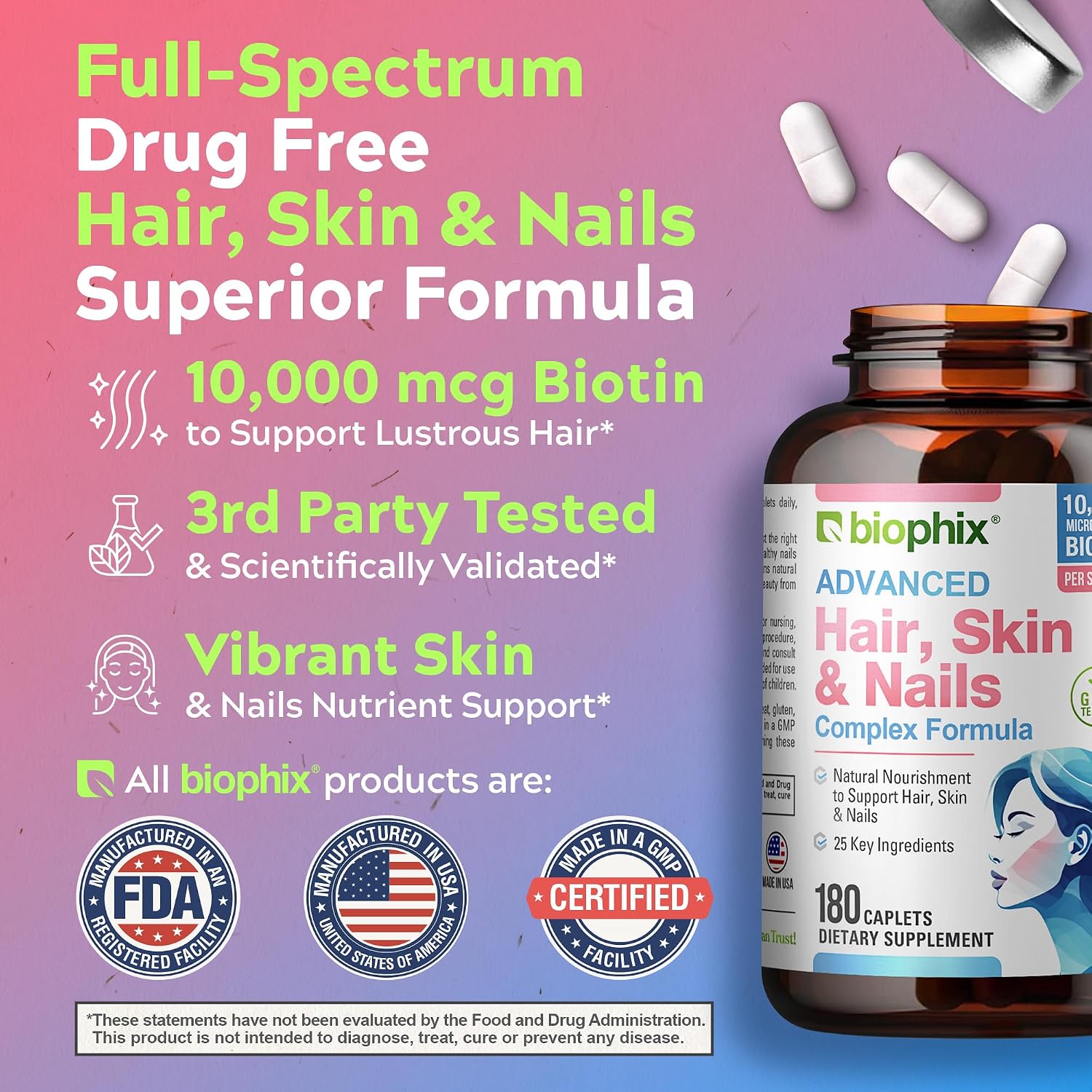 biophix Hair Skin and Nails Complex - 180 Caplets con 10.000 mcg de Biotina