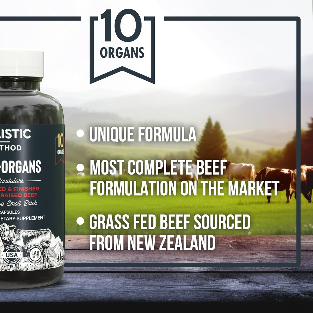 Complejo de Órganos de Ternera - Mezcla Patentada de 10 Órganos Alimentados con Hierba: Hígado, Médula, Cerebro, Timo, Bazo, Riñón, Calostro, Corazón, Páncreas, Vesícula Biliar - 180 Cápsulas