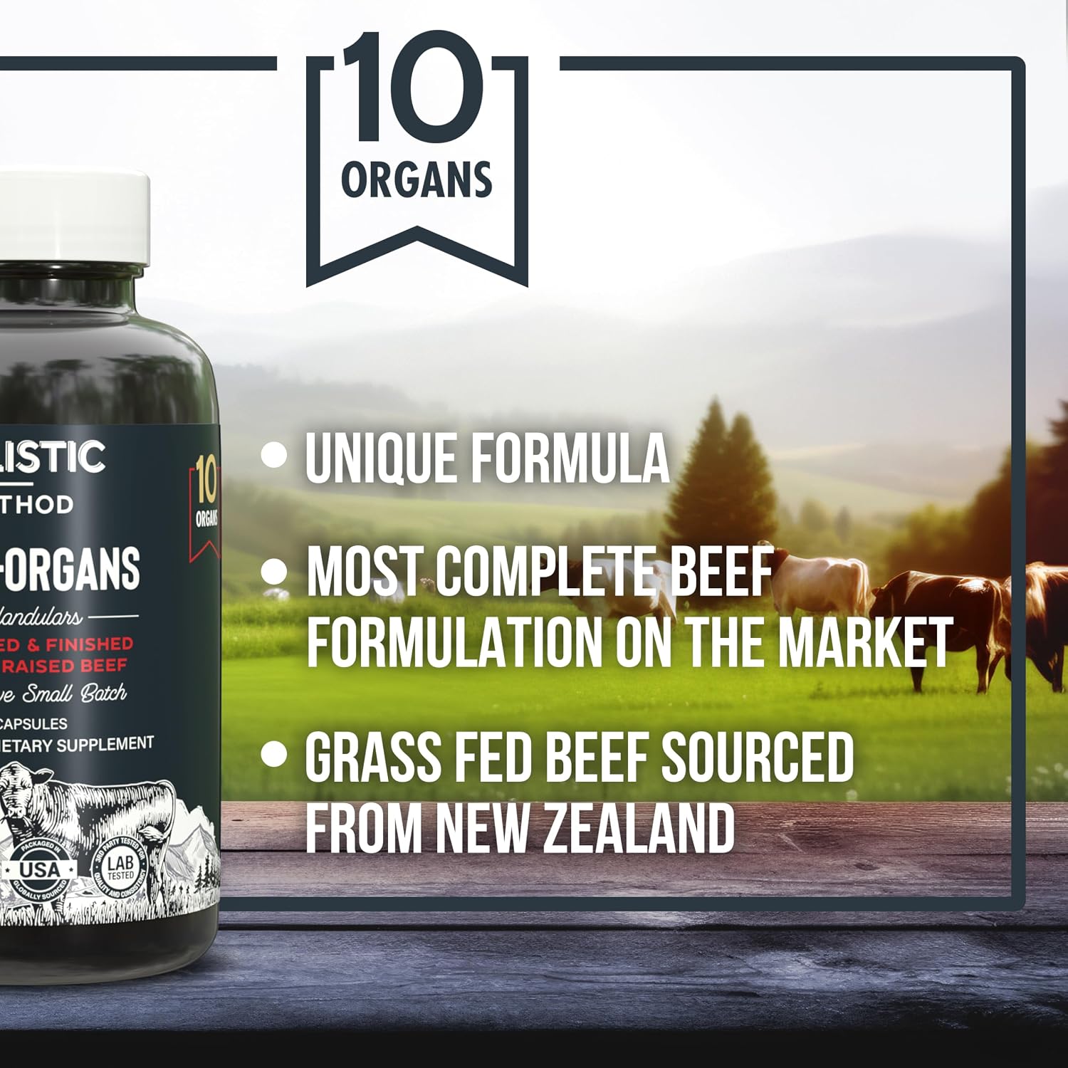Complejo de Órganos de Ternera - Mezcla Patentada de 10 Órganos Alimentados con Hierba: Hígado, Médula, Cerebro, Timo, Bazo, Riñón, Calostro, Corazón, Páncreas, Vesícula Biliar - 180 Cápsulas