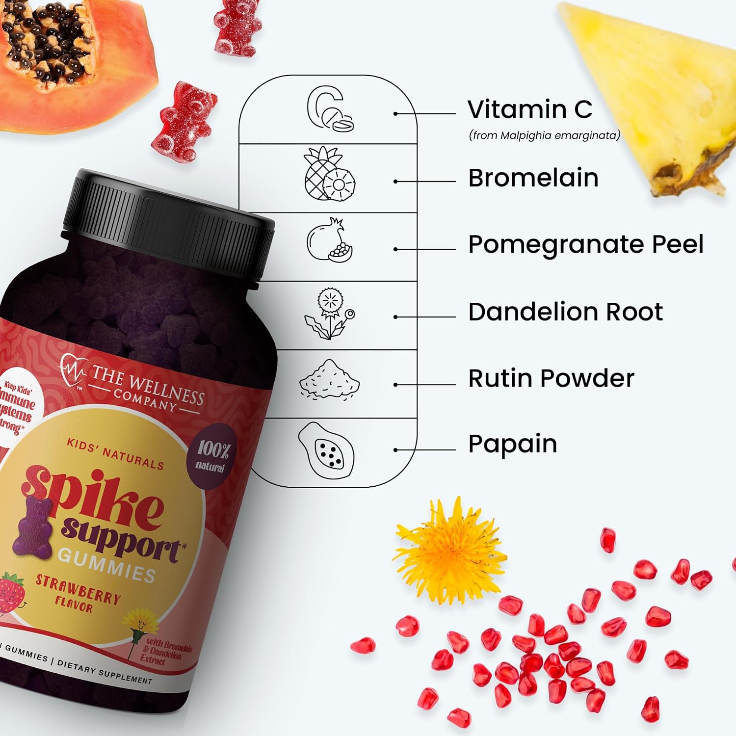 Kids Naturals Spike Support Gummies – Bienestar durante todo el año con Vitamina C, D y Zinc | 60 gominolas (1 mes)