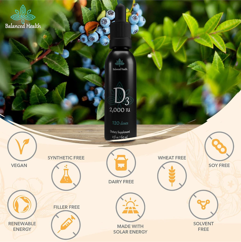 Balance Health D3 2000 UI, Gotas Líquidas de Vitamina D3 con MCT, Sabor Arándano, 59 ml (120 dosis)