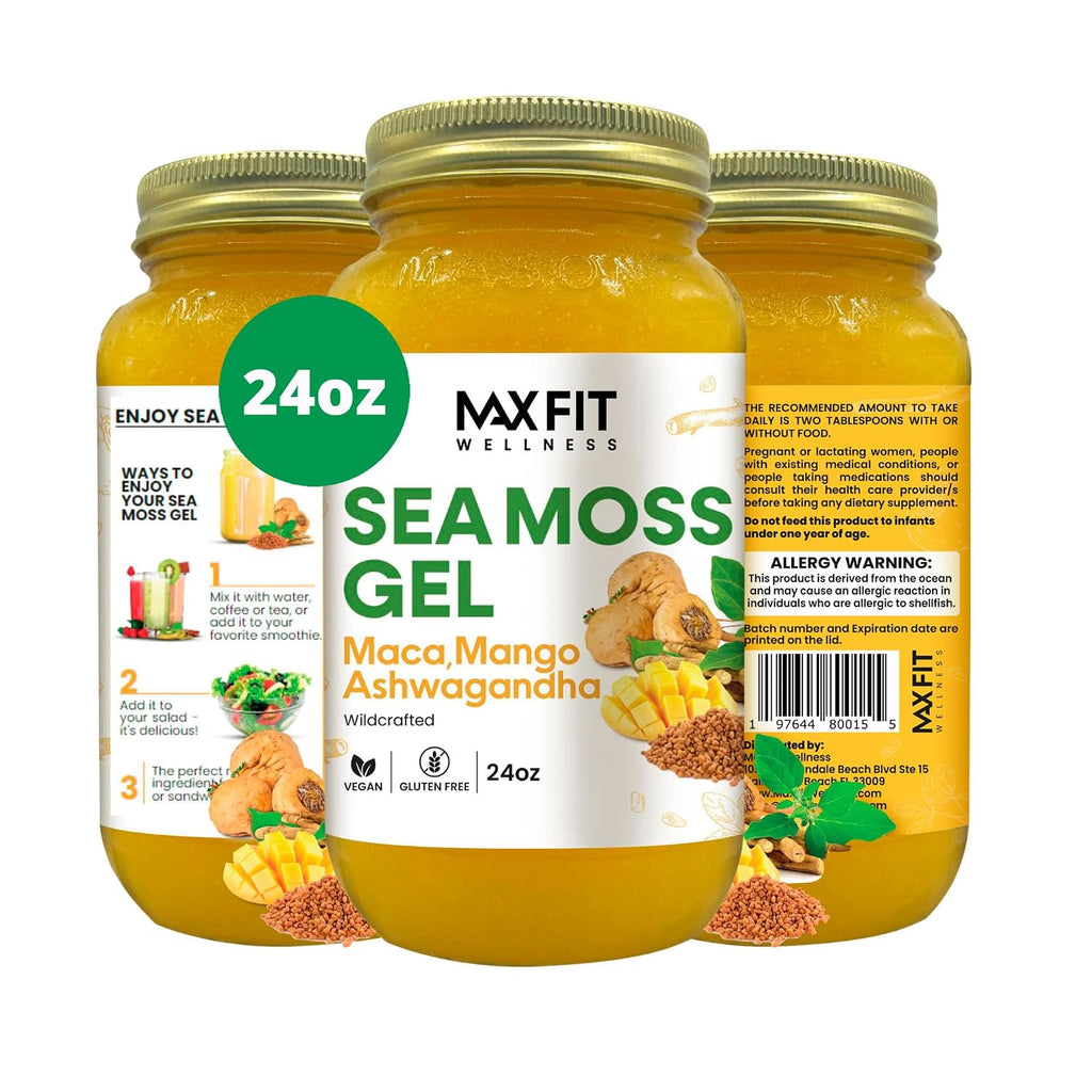 MAX FIT Gel de Sea Moss con Maca y Ashwagandha – 24 oz (680 g) – Silvestre de Santa Lucía – 92 Vitaminas y Minerales – Puro y No GMO
