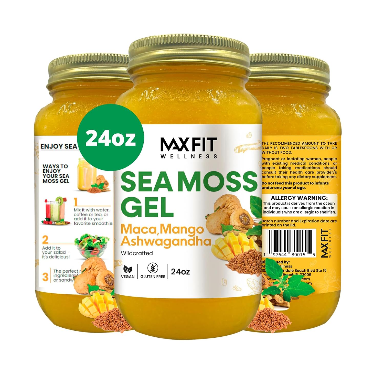 MAX FIT Gel de Sea Moss con Maca y Ashwagandha – 24 oz (680 g) – Silvestre de Santa Lucía – 92 Vitaminas y Minerales – Puro y No GMO