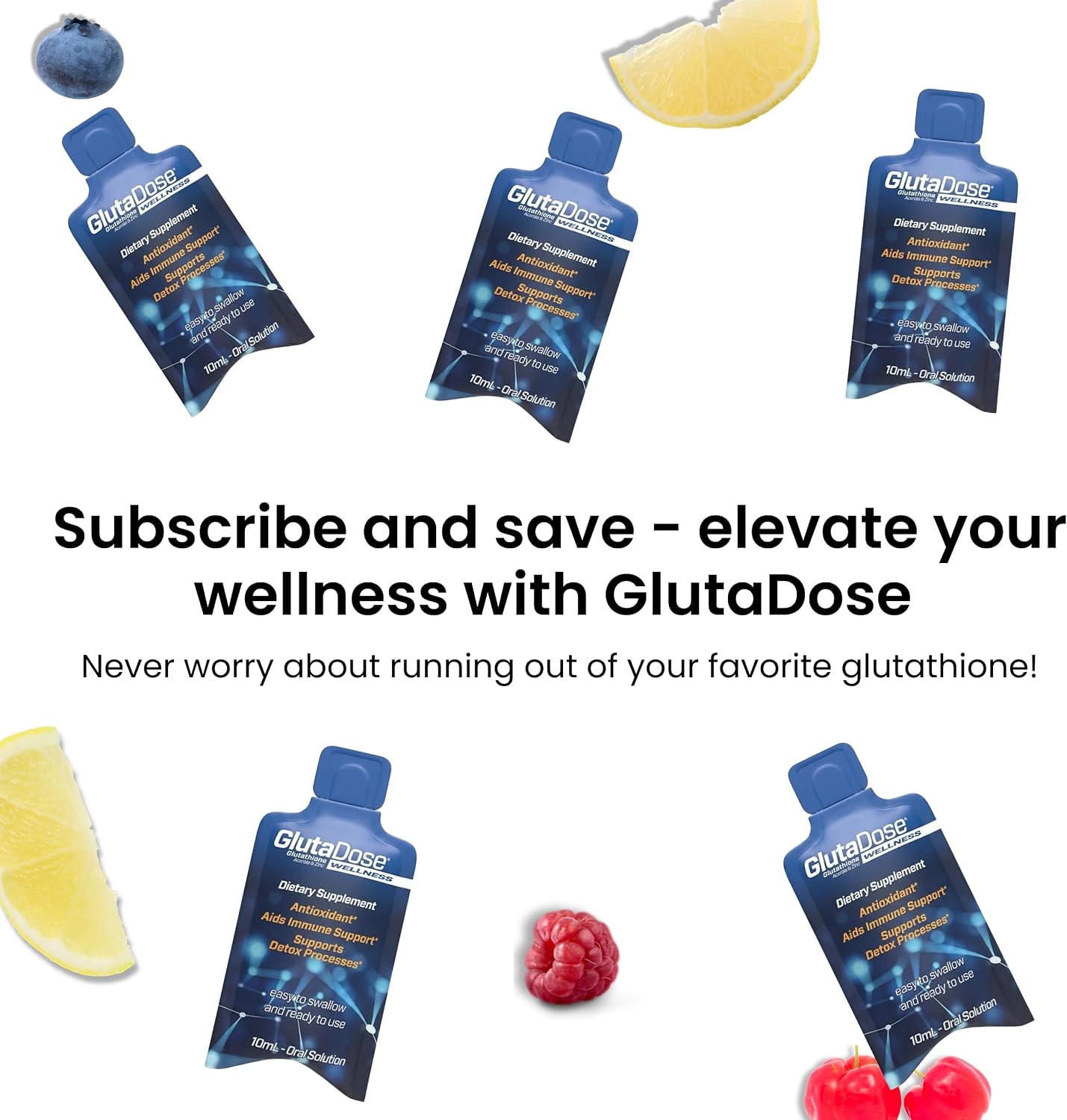 GlutaDose Suplemento Líquido de Glutatión con Acerola y Zinc, Sabor Limón-Arándano, 30 Viales