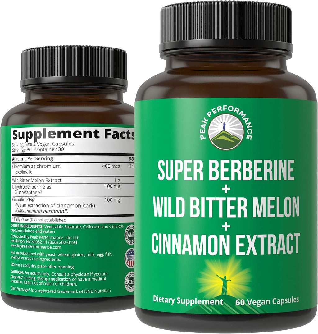 Ultra High Strength 4-in-1 Super Berberine con GlucoVantage, Melón Amargo, Canela y Cromo - Cápsulas Veganas