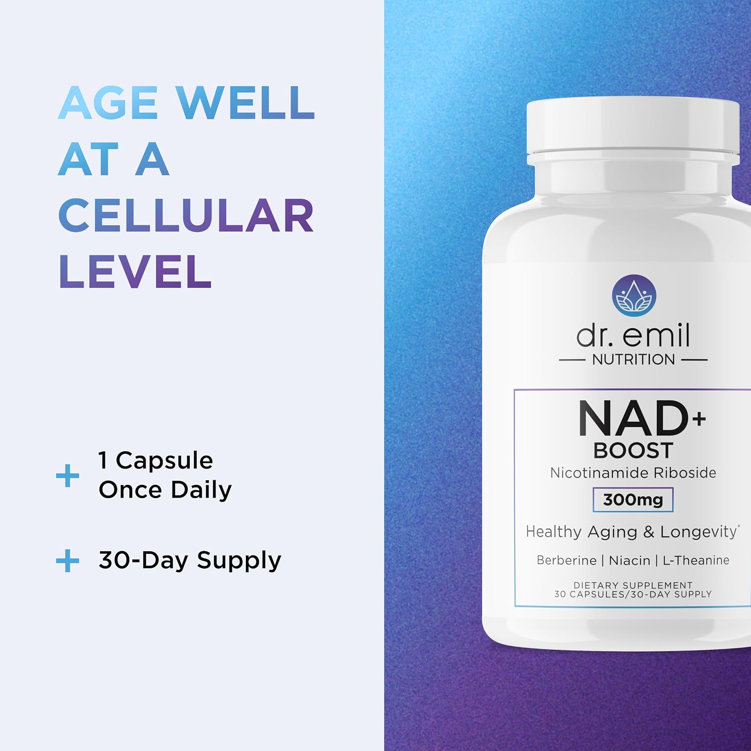 DR. EMIL NUTRITION NAD+ Boost - Nicotinamida Ribósido con Berberina, L-Teanina, Niacina y Cobre - 30 días