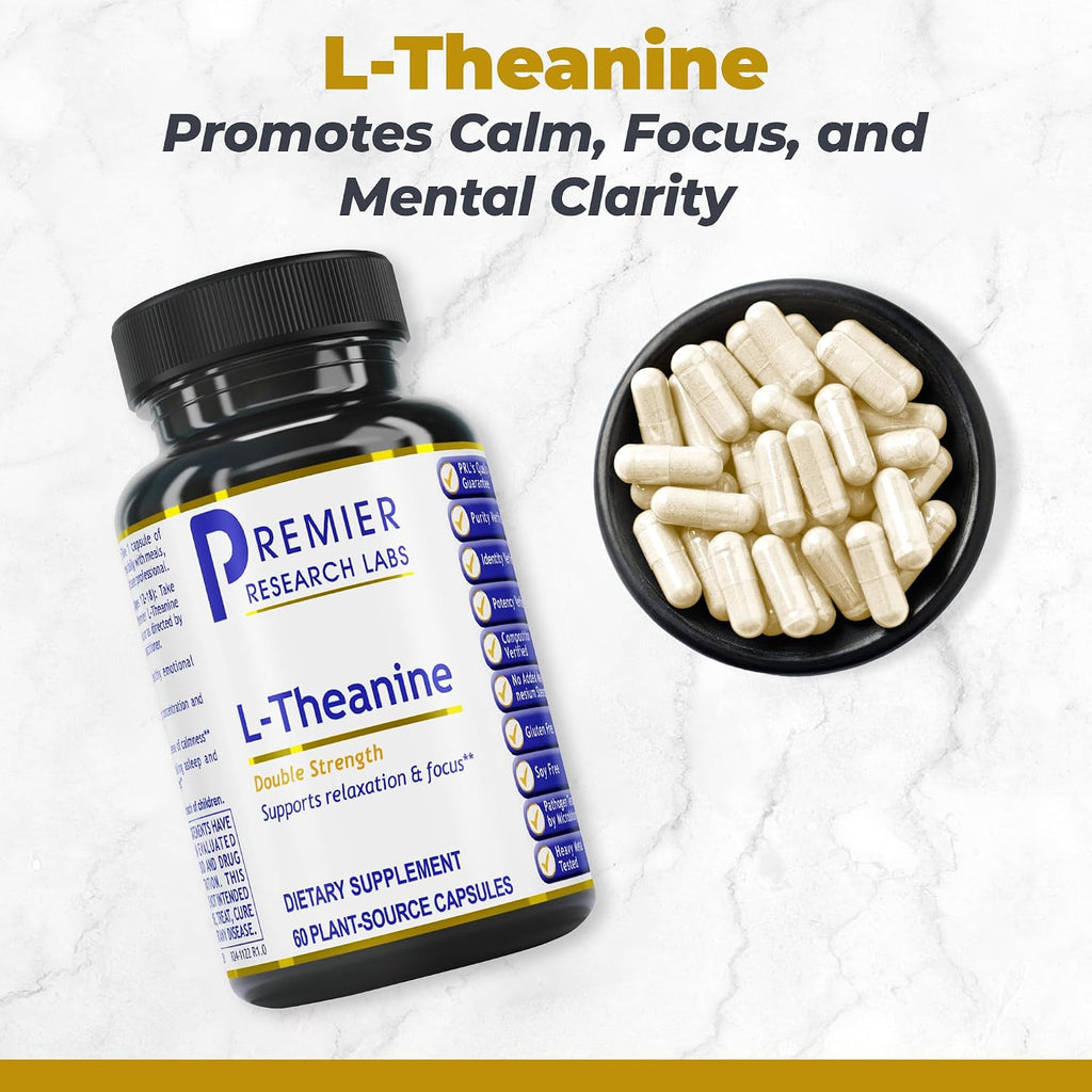 Premier Research Labs L-Theanine Double Strength - Suplemento de L-Teanina Pura 200mg, Apoyo para la Concentración y Energía para Hombres y Mujeres, Aminoácido para la Relajación, para Adultos y Niños - 60 Cápsulas Veganas
