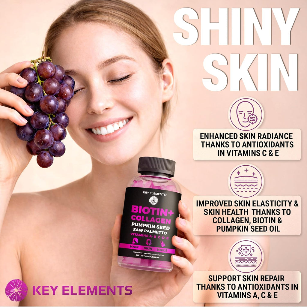 KEY ELEMENTS Gomitas de Biotina 10000mcg y Colágeno para Cabello, Piel y Uñas