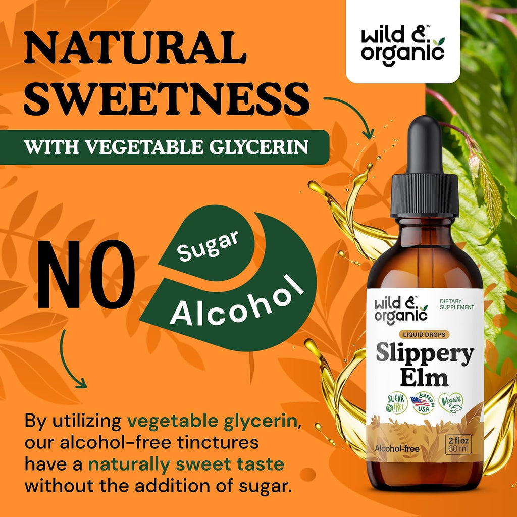 Wild & Organic Gotas de Olmo Resbaladizo - Extracto Líquido de Corteza de Ulmus Rubra - Sin Alcohol, Vegano - 2 fl oz
