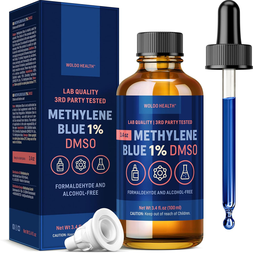 WoldoHealth DMSO 10% con Azul de Metileno 1% - Frasco de Vidrio de 100 ml con Cuentagotas, Libre de Formaldehído y Alcohol, Solución Analítica
