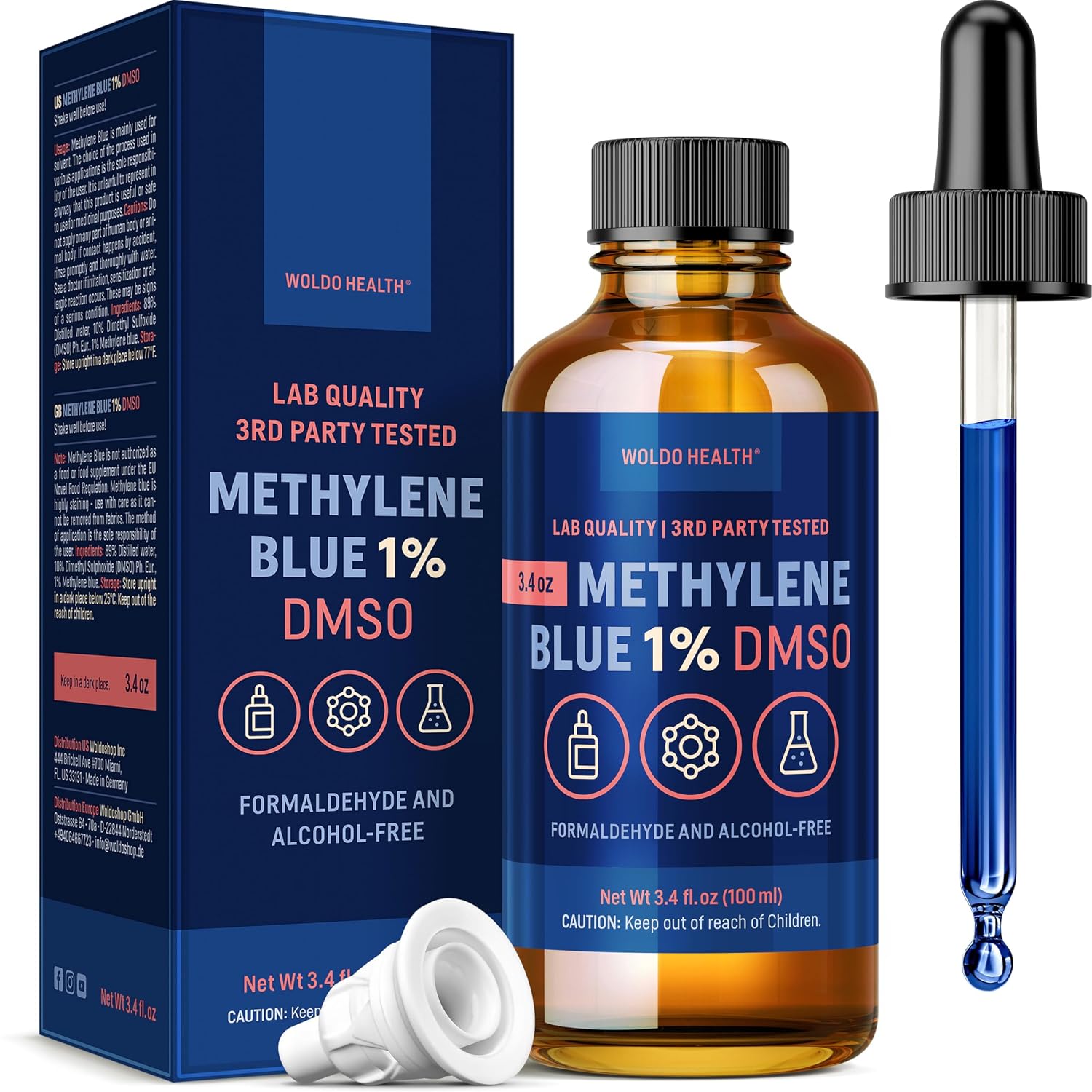 WoldoHealth DMSO 10% con Azul de Metileno 1% - Frasco de Vidrio de 100 ml con Cuentagotas, Libre de Formaldehído y Alcohol, Solución Analítica