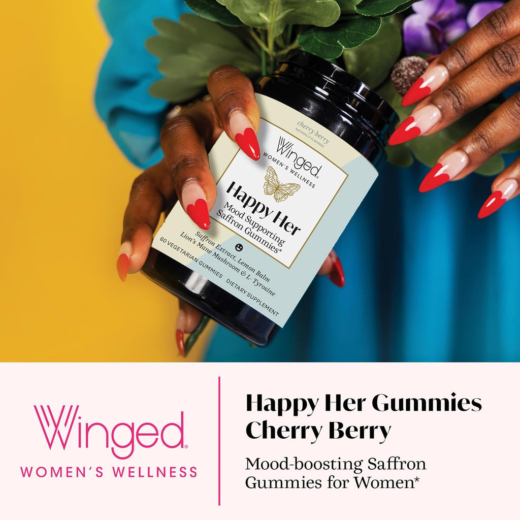 Winged Wellness Happy Her Mood Gummies - Gomitas de humor para mujeres - 60 gomitas veganas